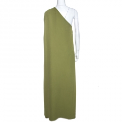 Pre Owned Valentino Green Silk Crepe Flared One Shoulder Dress M
