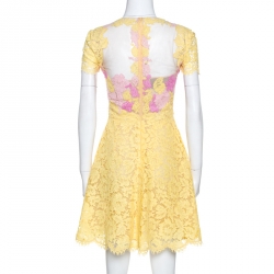 Pre Owned Valentino Yellow & Pink Lace Tulle Scalloped Hem Dress S