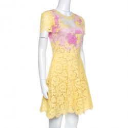 Pre Owned Valentino Yellow & Pink Lace Tulle Scalloped Hem Dress S