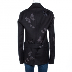 Pre Owned Valentino Black Butterfly Appliqued Cotton Double Breasted Coat M