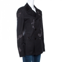 Pre Owned Valentino Black Butterfly Appliqued Cotton Double Breasted Coat M