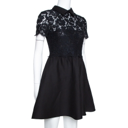 Pre Owned Valentino Black Lace & Wool Collared A-Line Dress M 