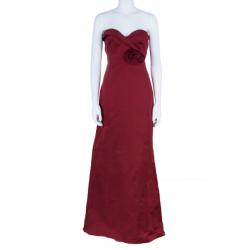 Pre Owned Valentino Strapless Rosette Detail Silk Gown M