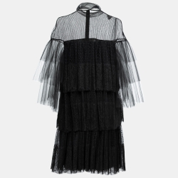 Pre Owned Valentino Black Tulle & Lace Pleated Tiered Mini Dress L