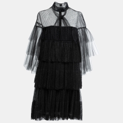 Pre Owned Valentino Black Tulle & Lace Pleated Tiered Mini Dress L