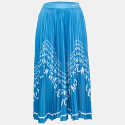 Pre Owned Valentino Blue Plisse Chevron Logo Print Midi Skirt S