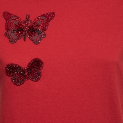 Pre Owned Valentino Red Jersey Butterfly Appliqué T-Shirt S
