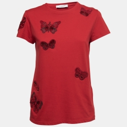 Pre Owned Valentino Red Jersey Butterfly Appliqué T-Shirt S