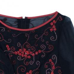 Pre Owned Valentino Black/Red Embellished Top And Skirt Set M