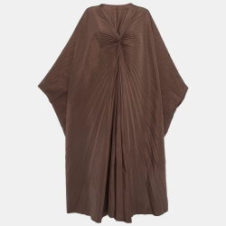 Brown Cotton Blend Micro Faille Plisse Dress