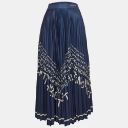 Pre Owned Valentino Navy Blue Logo Print Jersey Plisse Midi Skirt M