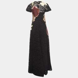 مملوكة مسبقًا Valentino Black Floral Applique Lace  Maxi Dress M