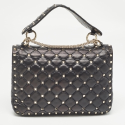 Pre Owned Valentino Black Quilted Leather Medium Rockstud Spike Top Handle Bag