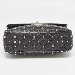 Pre Owned Valentino Black Quilted Leather Medium Rockstud Spike Top Handle Bag