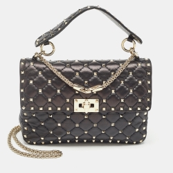 Pre Owned Valentino Black Quilted Leather Medium Rockstud Spike Top Handle Bag