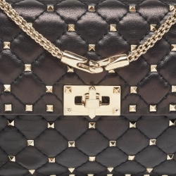 Pre Owned Valentino Black Quilted Leather Medium Rockstud Spike Top Handle Bag