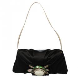 Pre Owned Valentino Black Satin Tortoise Embellished Shoulder Bag