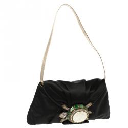 Pre Owned Valentino Black Satin Tortoise Embellished Shoulder Bag