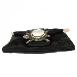 Pre Owned Valentino Black Satin Tortoise Embellished Shoulder Bag