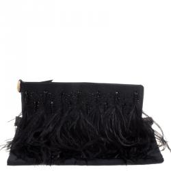 Pre Owned Valentino Black Satin Ostrich Feather Embellished Clutch