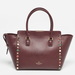 Pre Owned Valentino Burgundy Leather Medium Rockstud Trapeze Tote