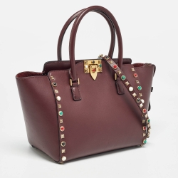Pre Owned Valentino Burgundy Leather Medium Rockstud Trapeze Tote