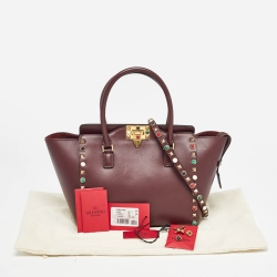Pre Owned Valentino Burgundy Leather Medium Rockstud Trapeze Tote