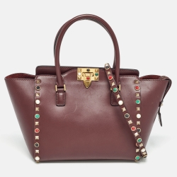 Pre Owned Valentino Burgundy Leather Medium Rockstud Trapeze Tote