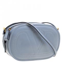 Pre Owned Valentino Powdered Blue Leather Logo Go Crossbody Bag