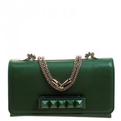 Pre Owned Valentino Green Leather Rockstud Va Va Voom Shoulder Bag