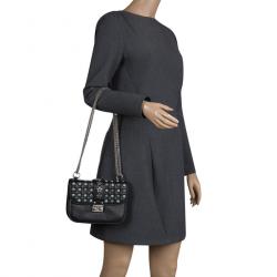 Pre Owned Valentino Black Leather Small Star Rockstud Lock Shoulder Bag