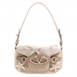 Pre Owned Valentino Beige Satin and Croc Embossed Leather Catch Embellished Shoulder Bag