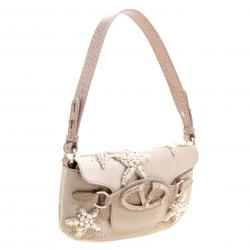 Pre Owned Valentino Beige Satin and Croc Embossed Leather Catch Embellished Shoulder Bag