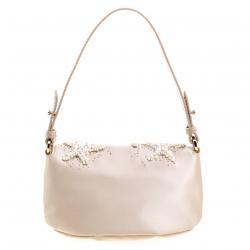 Pre Owned Valentino Beige Satin and Croc Embossed Leather Catch Embellished Shoulder Bag