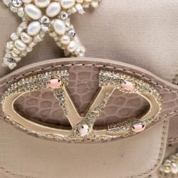 Pre Owned Valentino Beige Satin and Croc Embossed Leather Catch Embellished Shoulder Bag