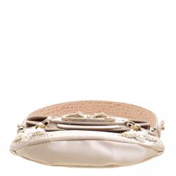 Pre Owned Valentino Beige Satin and Croc Embossed Leather Catch Embellished Shoulder Bag