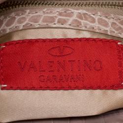 Pre Owned Valentino Beige Satin and Croc Embossed Leather Catch Embellished Shoulder Bag