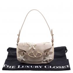 Pre Owned Valentino Beige Satin and Croc Embossed Leather Catch Embellished Shoulder Bag