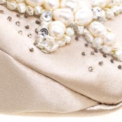 Pre Owned Valentino Beige Satin and Croc Embossed Leather Catch Embellished Shoulder Bag