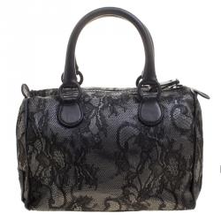 Pre Owned Valentino Black Lace and Leather Small Boston Bag