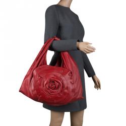 Pre Owned Valentino Red Leather Large Petale Rose Hobo 