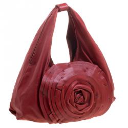 Pre Owned Valentino Red Leather Large Petale Rose Hobo 