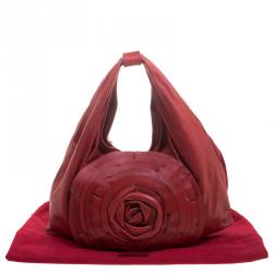 Pre Owned Valentino Red Leather Large Petale Rose Hobo 