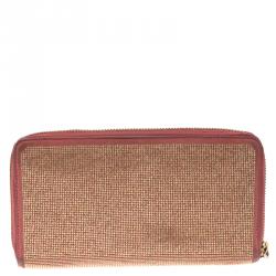 Pre Owned Valentino Pink Suede Shimmering Zip Around Continental Wallet 