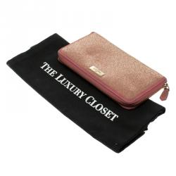 Pre Owned Valentino Pink Suede Shimmering Zip Around Continental Wallet 