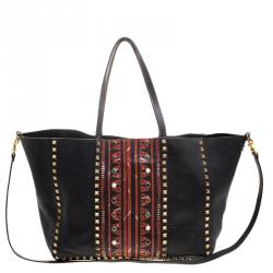 Pre Owned Valentino Black Leather Tribal Print Medium Rockstud Convertible Tote