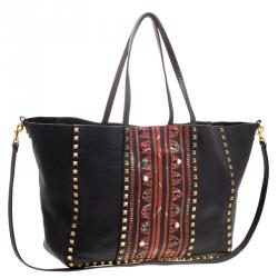Pre Owned Valentino Black Leather Tribal Print Medium Rockstud Convertible Tote