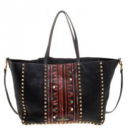 Pre Owned Valentino Black Leather Tribal Print Medium Rockstud Convertible Tote