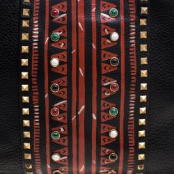 Pre Owned Valentino Black Leather Tribal Print Medium Rockstud Convertible Tote