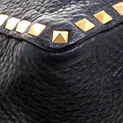 Pre Owned Valentino Black Leather Tribal Print Medium Rockstud Convertible Tote